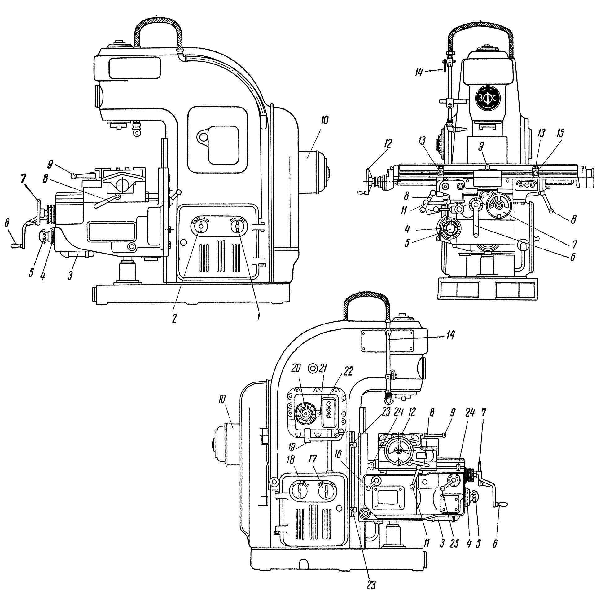 Розташування органів керування консольно-фрезерным верстатом 6Н12